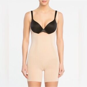 Spanx Bodysuit Open Bust Mid Thigh Shapewear Slimming Thick Straps Tan Size XL